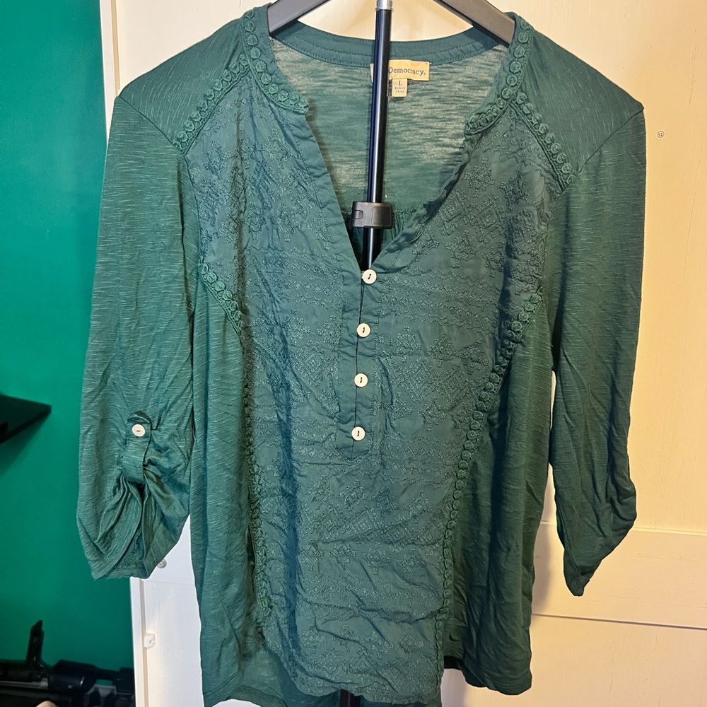 🔴Democracy Teal Button-Front Blouse